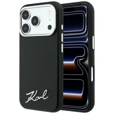 Čierne puzdro Karl Lagerfeld Saffiano Small Script Metal MagSafe pre Apple iPhone 18 Pro Max / 17 Pro Max