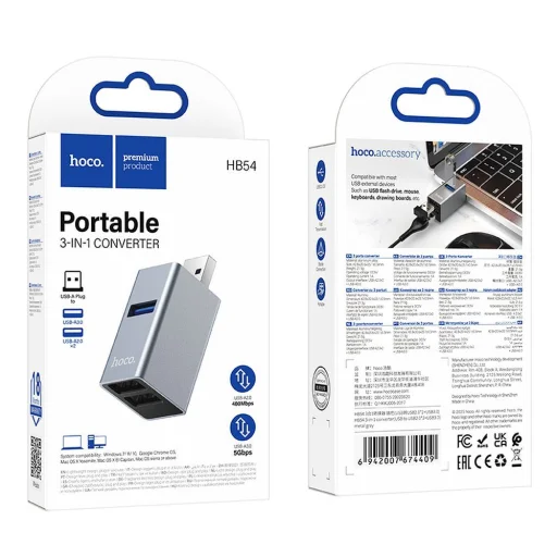 Hoco HB54 3 v 1 USB-A adaptér, sivý - 8