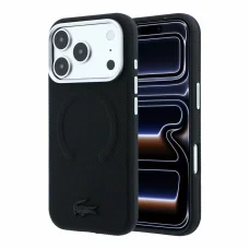  iPhone 18 Pro Max fekete Lacoste PVC Petit Pique félkörbefutó dombornyomott MagSafe tok