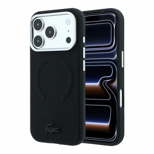 iPhone 18 Pro Max čierne Lacoste PVC Petit Pique reliéfne MagSafe puzdro - 1