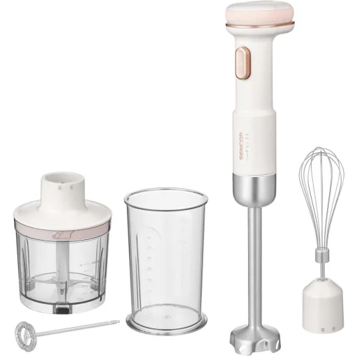 SENCOR SHB 9130WH akkumulátoros botmixer szett fehér, 500 ml aprítóval és 700 ml mérőedénnyel - 2