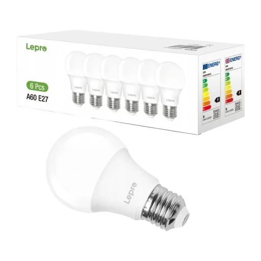 LEPRO 100090-DW-EU-6 E27 A60 LED žiarovka, 8,5 W, 806 lm, 6500 K, studená biela, 6 ks - 1