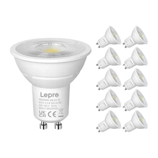 LEPRO PR200084-DW-EU-10 stmievateľná GU10 LED žiarovka, 4,5 W, 345 lm, 6500 K, studená biela, 10 ks - 1
