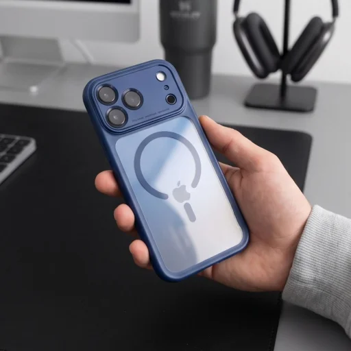 Apple iPhone 17 Pro Max / 18 Pro Max Mélykék/átlátszó Tech-Protect MagPeak MagSafe CC tok - 6