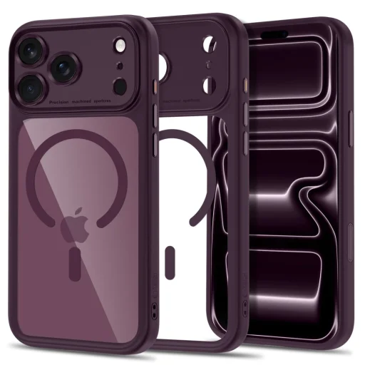  Apple iPhone 17 Pro Max / 18 Pro Max sötét cseresznye és átlátszó Tech-Protect MagPeak MagSafe CC tok - 1
