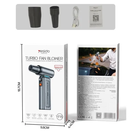 Yesido - Turbó ventilátoros légfúvó (YF19) - 130000 fordulat/perc, szénkefe nélküli motor, 100 fokozatú szabályozás, 4000 mAh, digitális kijelző - szürke - 8