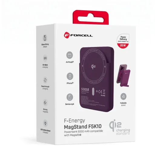 Forcell F-Energy MagStand Qi2 F5K10 MagSafe-kompatibilis mágneses powerbank, 5000 mAh, cseresznye powerbank - 5