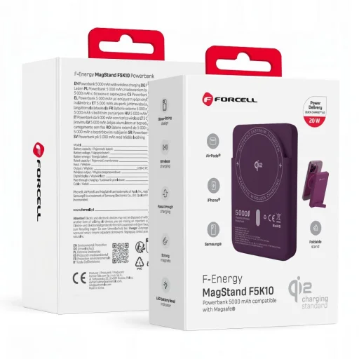 Forcell F-Energy MagStand Qi2 F5K10 MagSafe kompatibilná magnetická powerbanka, 5000 mAh, čerešňová powerbanka - 1