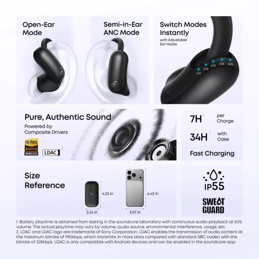 Anker SoundCore AeroFit 2 Pro bezdrôtové otvorené slúchadlá, čierne A3875G11 - 7