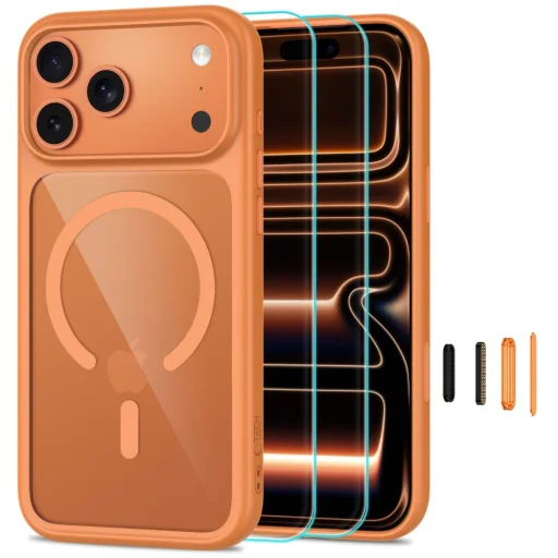 iPhone 17 Pro / 18 Pro Kozmická oranžová/priehľadná Tech-Protect MagOne MagSafe CC + Glass puzdro s 2 ks ochranného skla - 1