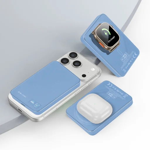 Blavec BJ-04 Slim 10000 mAh mágneses MagSafe 3 az 1-ben külső akkumulátor, világoskék üveggel - 3
