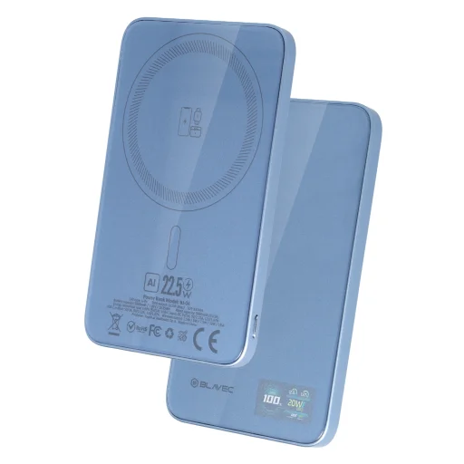 Blavec BJ-04 Ultra Slim 5000 mAh mágneses MagSafe 3 az 1-ben külső akkumulátor, világoskék üveg, 22,5 W - 2