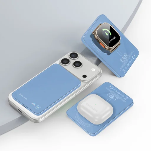 Blavec BJ-04 Ultra Slim 5000 mAh mágneses MagSafe 3 az 1-ben külső akkumulátor, világoskék üveg, 22,5 W - 3