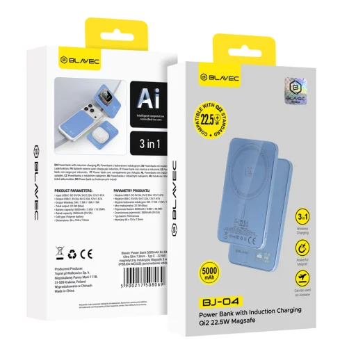 Blavec BJ-04 Ultra Slim 5000 mAh mágneses MagSafe 3 az 1-ben külső akkumulátor, világoskék üveg, 22,5 W - 4