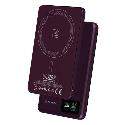 Blavec BJ-03 Ultra Slim 5000 mAh magnetická MagSafe 3 v 1 externá batéria, USB-C, 22,5 W, fialová powerbanka - 2