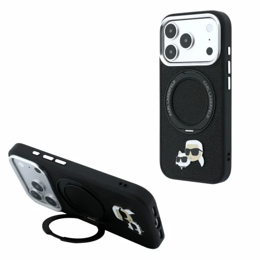 iPhone 18 Pro Max čierny Karl Lagerfeld PU Grained K&CH Heads Ring Stand MagSafe kryt - 1