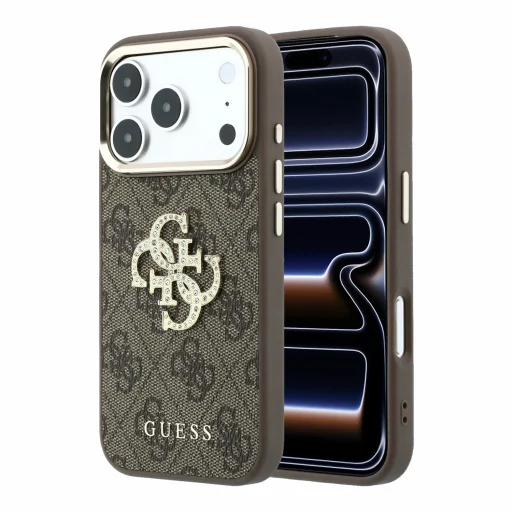  iPhone 18 Pro barna Guess PU 4G Strass Metal Logo hátlap tok - 1