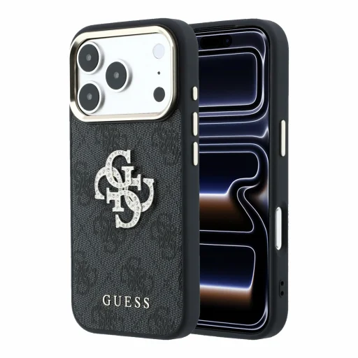  iPhone 18 Pro fekete Guess PU 4G Strass Metal Logo hátlap tok - 1