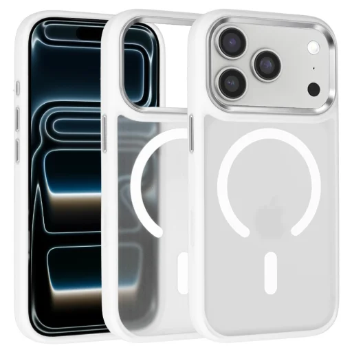  iPhone 18 Pro Max Fehér Liavec Cloudy Case fém kamerakeretes védőtok - 1