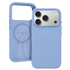 iPhone 18 Pro Max svetlomodré silikónové puzdro Liavec Silky Case s kovovým rámom fotoaparátu a MagSafe