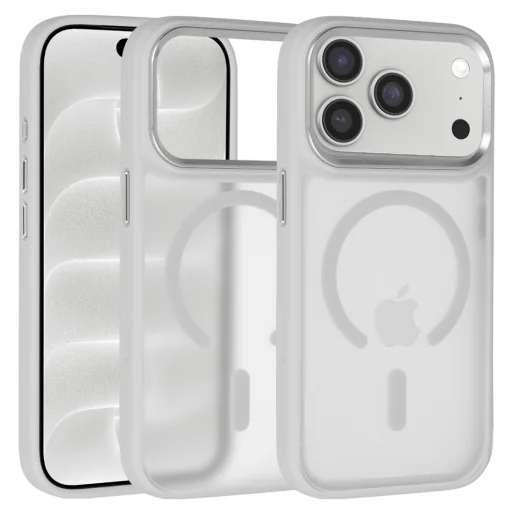iPhone 18 Pro sivý ochranný kryt Liavec Cloudy Case s kovovým rámom kamery - 1