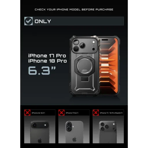 iPhone 17 Pro / 18 Pro fekete Supcase UB Grip Mag MagSafe ütésálló tok állvánnyal - 4