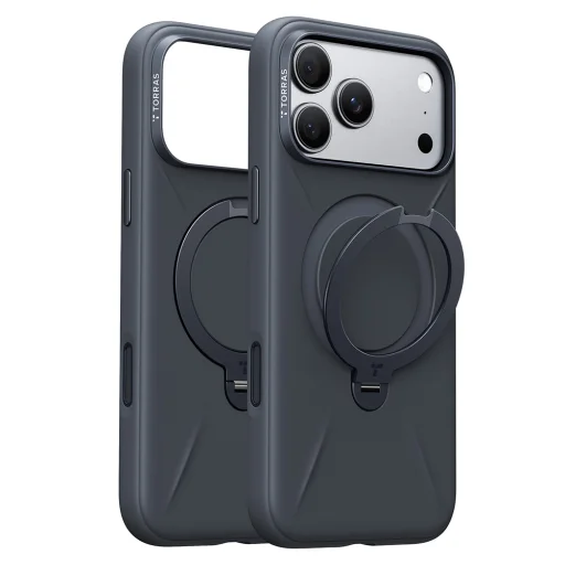 iPhone 18 Pro szürke Torras QPRO Silicone Series szilikon tok beépített 360°-os állvánnyal - 1