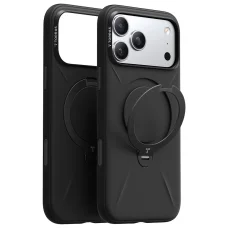 Čierne silikónové puzdro Torras QPRO Silicone Series pre iPhone 18 Pro so zabudovaným 360° stojanom