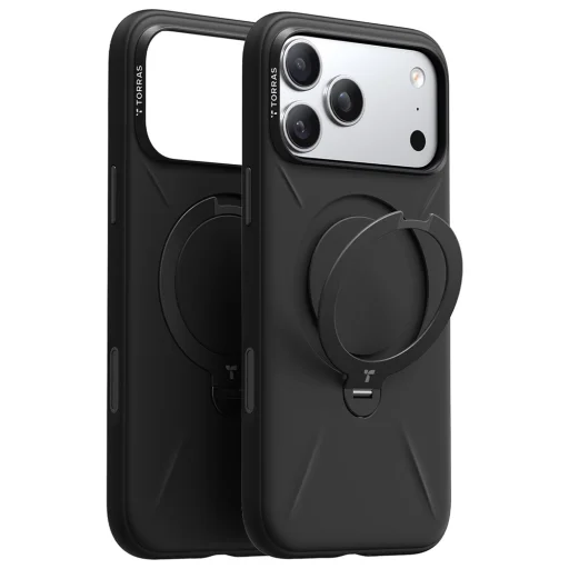 Čierne silikónové puzdro Torras QPRO Silicone Series pre iPhone 18 Pro so zabudovaným 360° stojanom - 1