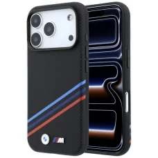 iPhone 18 Pro / 17 Pro fekete BMW M Quadrille Kevlar mintás, háromszínű vonalakkal és fém logóval ellátott MagSafe tok