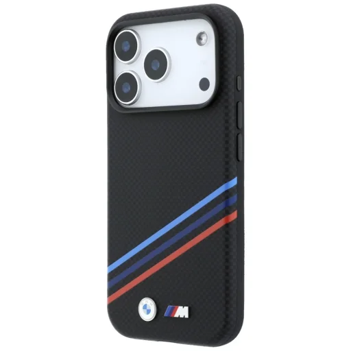 iPhone 18 Pro / 17 Pro fekete BMW M Quadrille Kevlar mintás, háromszínű vonalakkal és fém logóval ellátott MagSafe tok - 2