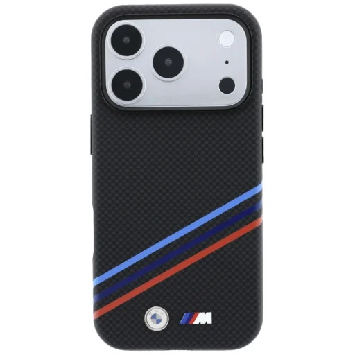 iPhone 18 Pro / 17 Pro fekete BMW M Quadrille Kevlar mintás, háromszínű vonalakkal és fém logóval ellátott MagSafe tok - 3
