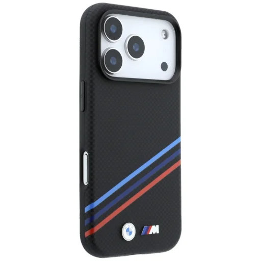 iPhone 18 Pro / 17 Pro fekete BMW M Quadrille Kevlar mintás, háromszínű vonalakkal és fém logóval ellátott MagSafe tok - 4