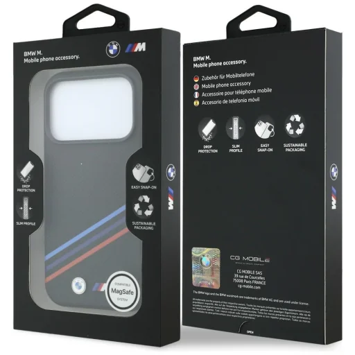 iPhone 18 Pro / 17 Pro fekete BMW M Quadrille Kevlar mintás, háromszínű vonalakkal és fém logóval ellátott MagSafe tok - 8