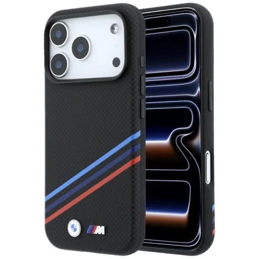 iPhone 18 Pro / 17 Pro fekete BMW M Quadrille Kevlar mintás, háromszínű vonalakkal és fém logóval ellátott MagSafe tok - 1