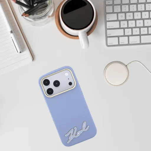 Apple iPhone 18 Pro / 17 Pro világoskék Karl Lagerfeld Grained műgyanta Signature Logo MagSafe tok - 11