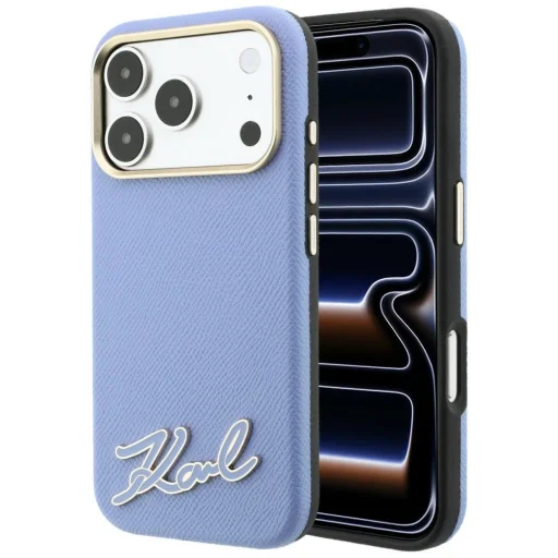 Apple iPhone 18 Pro / 17 Pro világoskék Karl Lagerfeld Grained műgyanta Signature Logo MagSafe tok - 1