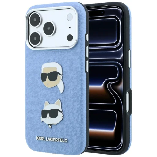 Puzdro pre iPhone 18 Pro / 17 Pro – Karl Lagerfeld Saffiano s motívom Karl a Choupette, svetlomodré - 1
