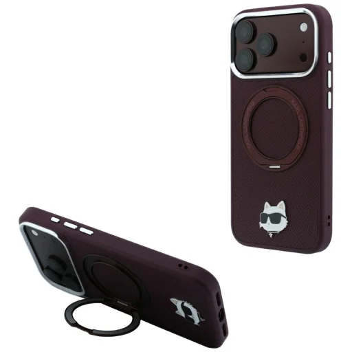 iPhone 18 Pro / 17 Pro bordó Karl Lagerfeld Ring Stand 360 Choupette Head Pin MagSafe tok - 1