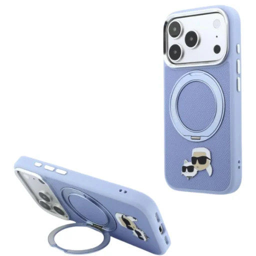 Apple iPhone 18 Pro / 17 Pro világoskék Karl Lagerfeld Ring Stand 360 Karl & Choupette Heads Pin MagSafe tok - 10
