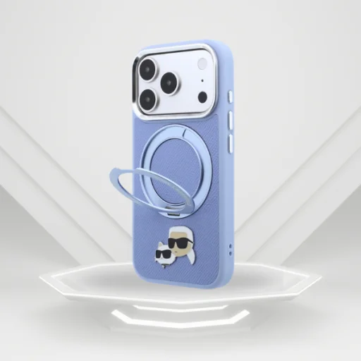 Apple iPhone 18 Pro / 17 Pro világoskék Karl Lagerfeld Ring Stand 360 Karl & Choupette Heads Pin MagSafe tok - 11