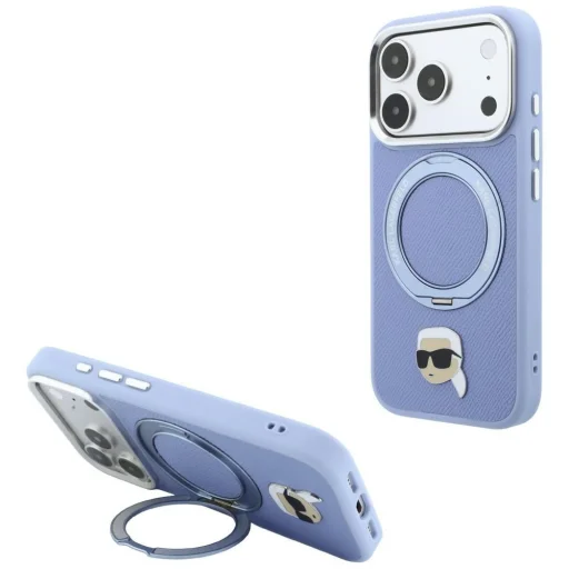 Apple iPhone 18 Pro / 17 Pro világoskék Karl Lagerfeld Ring Stand 360 Karl Head Pin MagSafe tok - 1