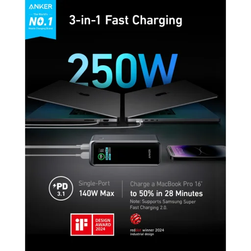 Anker Prime 27650 mAh 250W prenosná externá batéria (powerbank), s rýchlym nabíjaním PD a QC, čierna (A1340012) - 2