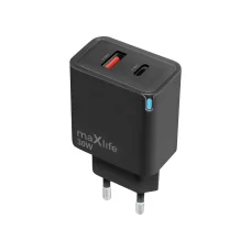 Maxlife MXTC-09-30AC GaN sieťová rýchlonabíjačka 1x USB-C + 1x USB-A 30W, čierna