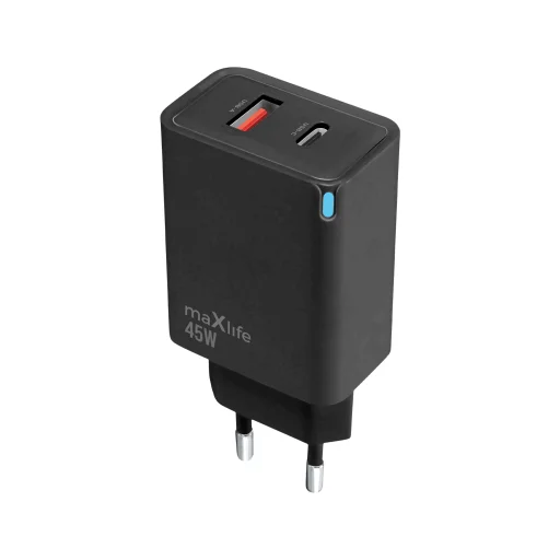 Maxlife MXTC-09-45AC GaN sieťová rýchlonabíjačka 45W, USB-C a USB-A, čierna - 1