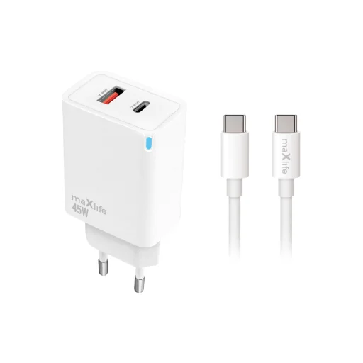 Maxlife MXTC-09-45AC GaN sieťová rýchlonabíjačka 45W, s portom USB-C a USB-A, s 2 m káblom USB-C, biela - 1