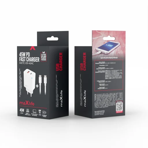 Maxlife MXTC-09-45AC GaN sieťová rýchlonabíjačka 45W, s portom USB-C a USB-A, s 2 m káblom USB-C, biela - 2