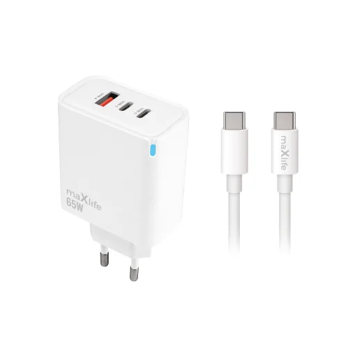 Maxlife MXTC-09 sieťová rýchlonabíjačka 65W, 2x USB-C a 1x USB-A, biela + 2 m kábel USB-C – USB-C (100W) - 1