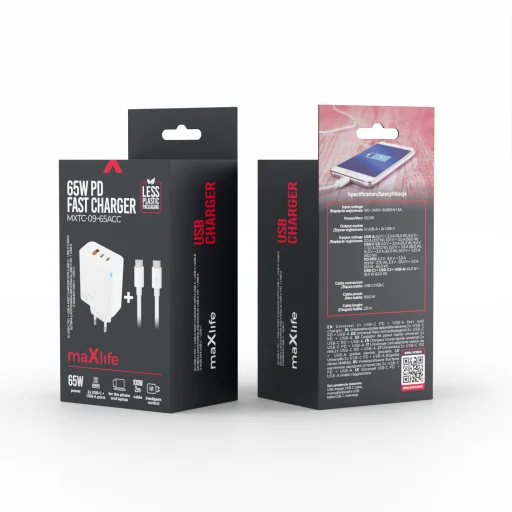 Maxlife MXTC-09 sieťová rýchlonabíjačka 65W, 2x USB-C a 1x USB-A, biela + 2 m kábel USB-C – USB-C (100W) - 2