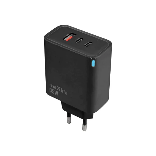 Maxlife MXTC-09-65ACC GaN sieťová rýchlonabíjačka 2x USB-C + 1x USB-A 65W, čierna - 1